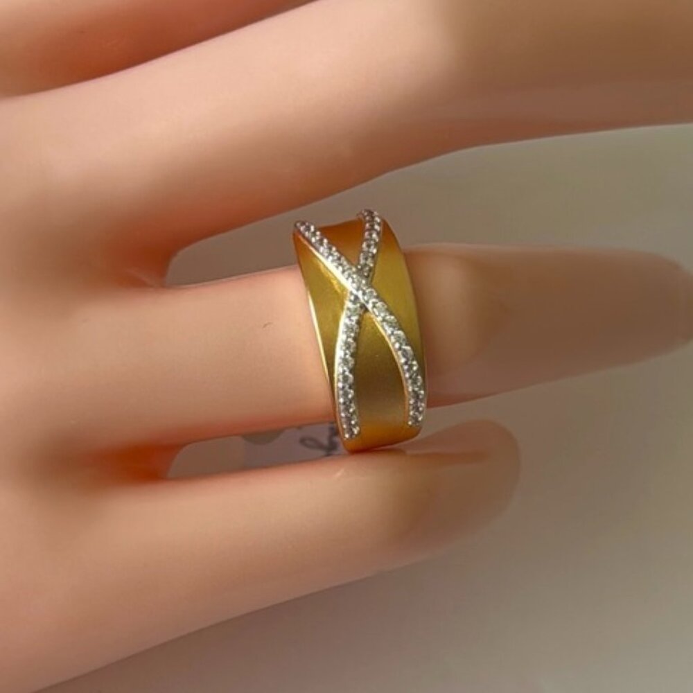 Bleu Sage CZ Crossover Ring 14K Gold Plated Sterling Silver Sz.7